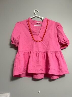 TCEC Hot Pink V-Neck Top with Scallop Trim